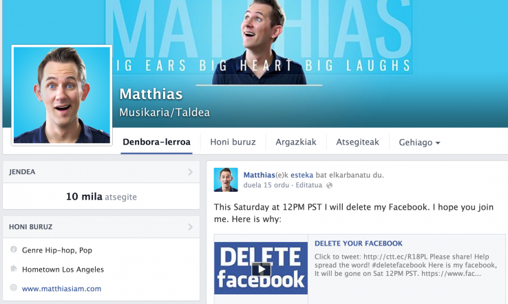 Matthiasek Facebooka ezabatuko du larunbatean