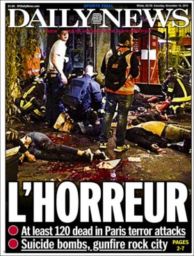 Front page of the New York Daily News for November 14, 2015 about terror attacks in Paris - L'HORREUR