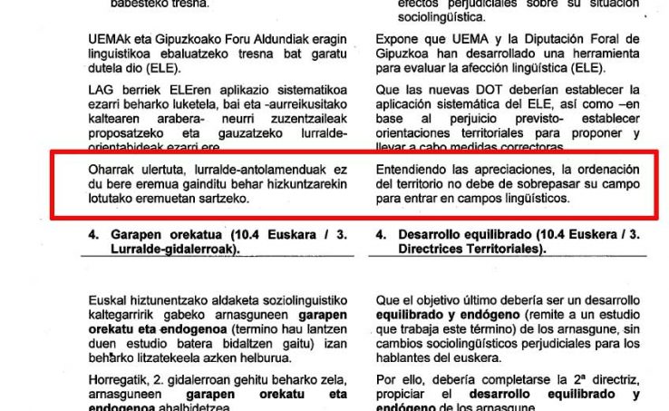 “Lurralde-antolamenduak ez du bere eremua gainditu behar hizkuntzarekin lotutako eremuetan sartzeko”