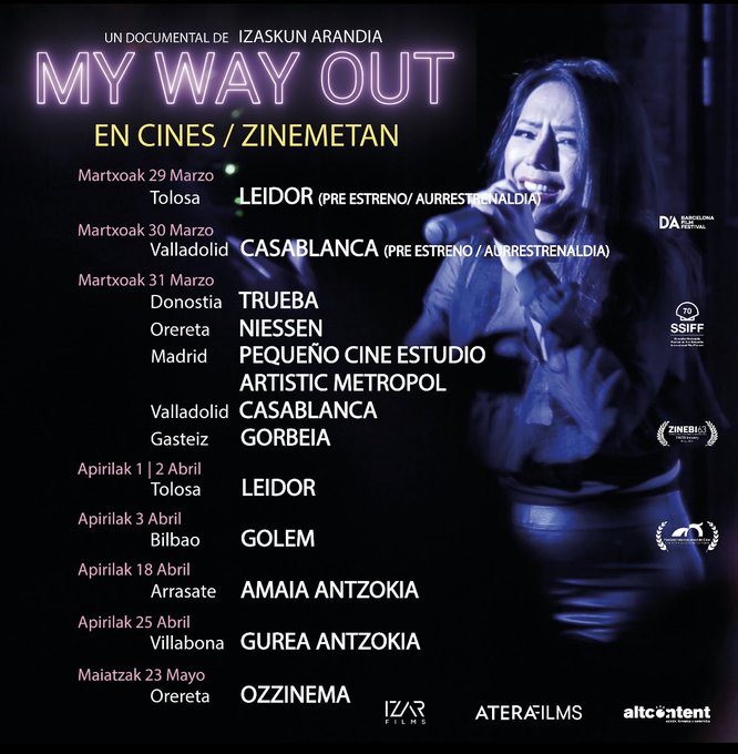  Izaskun Arandiaren My Way Out dokumentala Martxoak 29 Tolosan eta zine aretoetan martxoaren 31tik 