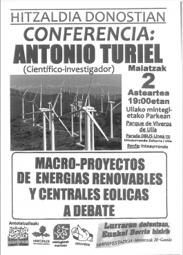 Antonio Turielen hitzaldia: "Energia berriztagarrien eta zentral eolikoen makro-proiektuak eztabaidagai"